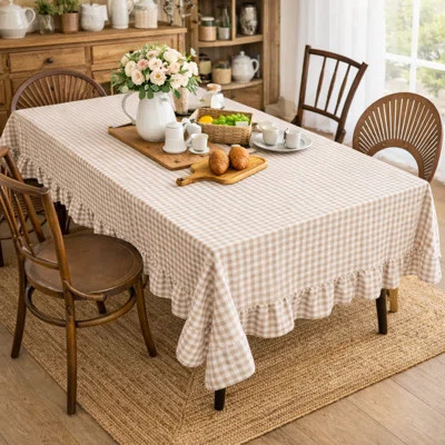 Farmhouse Gingham Ruffled Tablecloth, Cottage Plaid Dining Table Cover With Ruffle Edge 56" X 56 | Wayfair North America