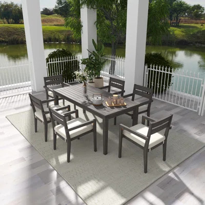 Modern Outdoor 7-Piece Acacia Wood Dining Set, Large Table With 6 Cushioned Chairs For Patio, Garden & Poolside | Wayfair North America