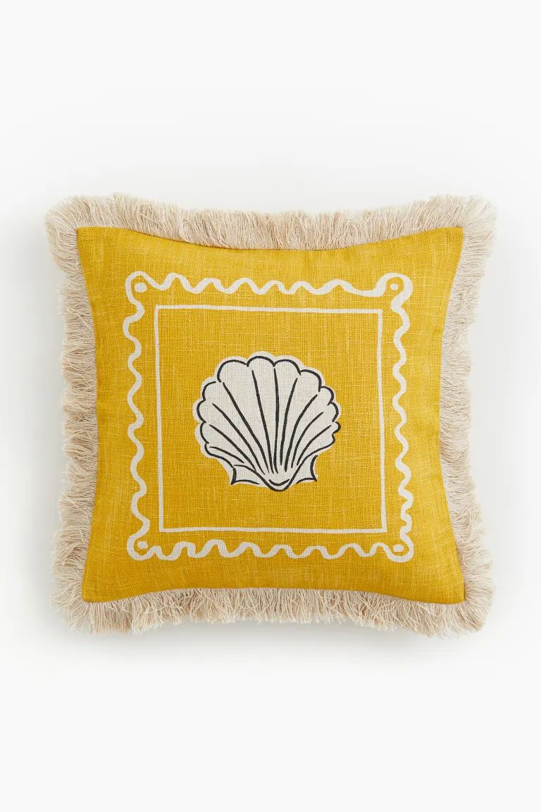 Linen-blend Cushion Cover with Fringe - Yellow/seashell - Home All | H&M US | H&M (US + CA)
