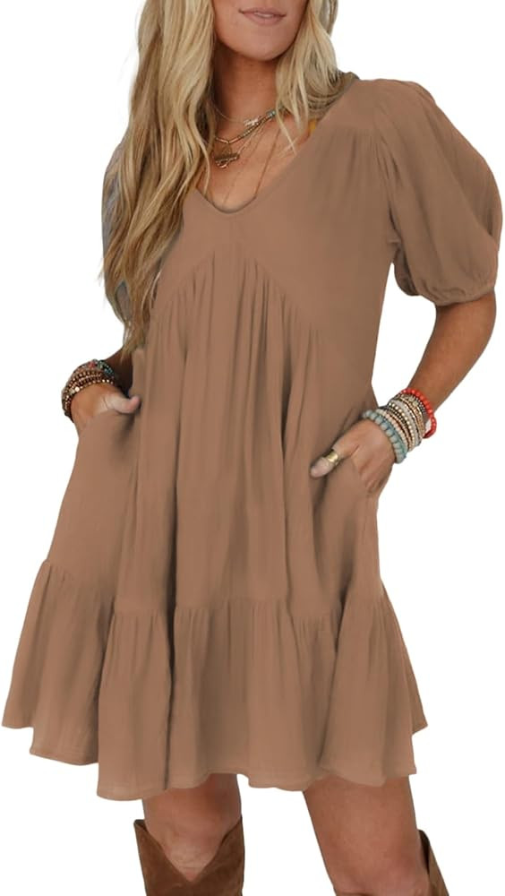 Acelitt Women's Summer Dresses 2025 Beach Casual Deep V Neck Loose Sundress Short Sleeve Mini Dre... | Amazon (US)