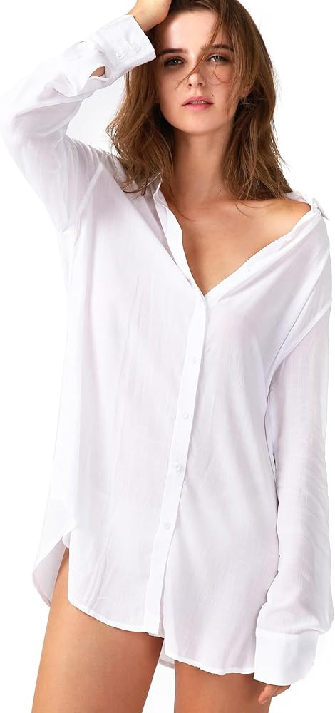 TOUSYEA Sleep Shirts for Women Button Down Shirts Long Sleeve Sleepwear Swimsuit Cover Ups Soft P... | Amazon (US)
