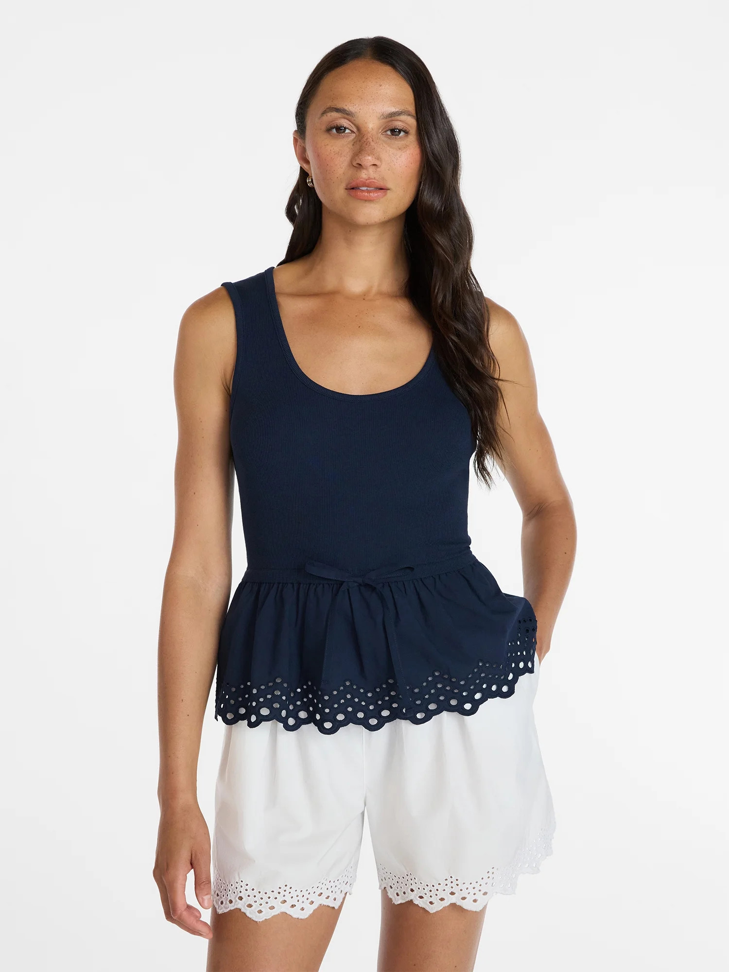 Time and Tru Women's Eyelet Trim Tank Top with Peplum Hem, Sizes XS-XXXL - Walmart.com | Walmart (US)