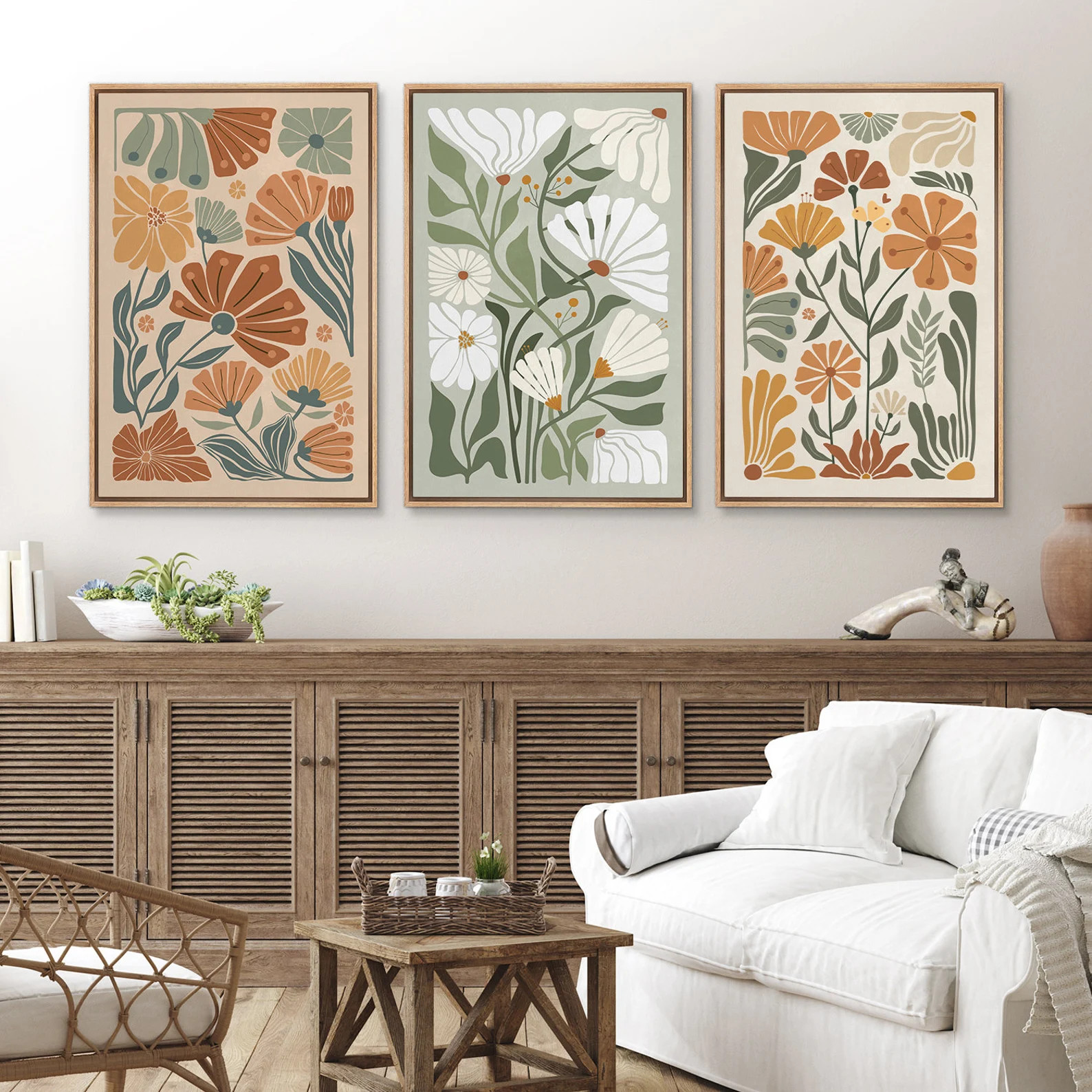 Framed Canvas Wall Art Print Set of 3 Wildflower Floral Green Botanical Illustrations Minimalist ... | Etsy (US)