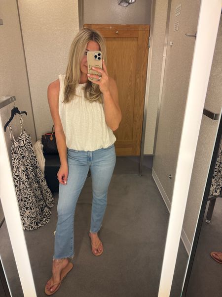 I loooove this Free People tank because it’s delicate, good coverage and feels light on. TTS and multiple colors 
Mother denim tts w/stretch. I’m 5’7 so they hit at a great spot 
Tkees flip-flops. I sized up 
Summer outfit 

#LTKFindsUnder100 #LTKShoeCrush #LTKStyleTip