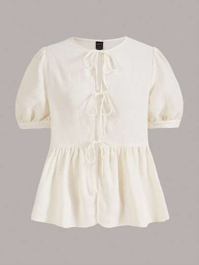 SHEINNeu Tie Front Ruffle Hem Puff Sleeve Peplum Blouse  SKU: sz2304213944111348(100+ Reviews)GBP... | SHEIN