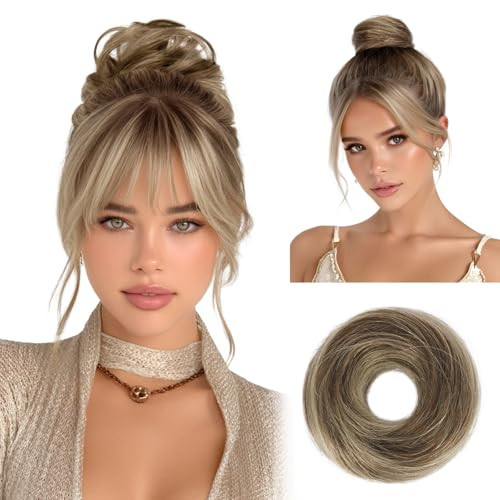 RUWISS Small Messy Bun Hair Piece Human Hair, One Hairpiece Two Styles Mini Natural Looking Scrunchies Updo for Daily, Hair Buns for Thin & Fine Hair Women Ponytail Extension (Brown Mixed Light Blond) | Amazon (US)