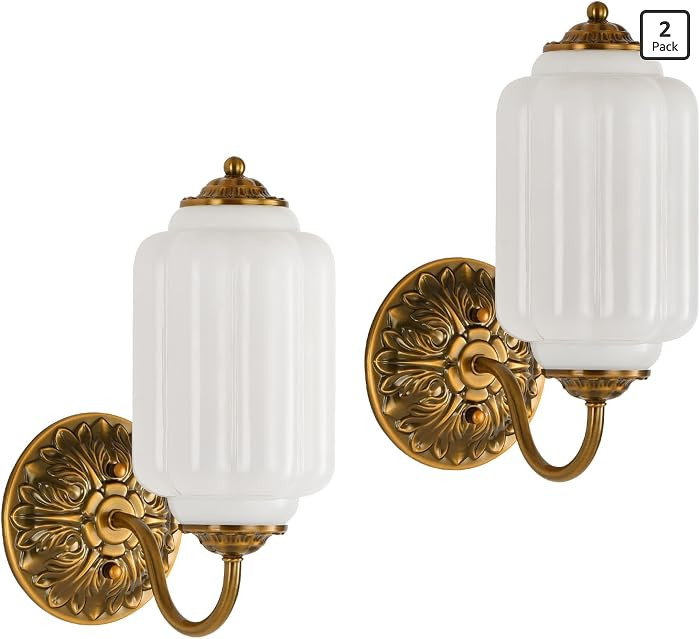 Milk Glass Sconce Set of 2 Vintage Vanity Sconces Bulb Included | Amazon (US)