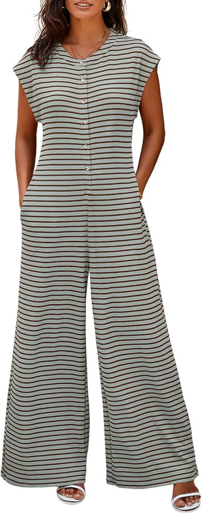 Cicy Bell Womens Casual Striped Jumpsuits Wide Leg Cap Sleeve Summer Jumper Crew Neck Button Down... | Amazon (US)