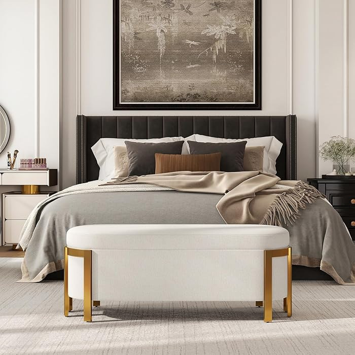 48” Storage Bench Ottoman, Upholstered Chenille End of Bed Bench Bedroom Bench Window Entryway ... | Amazon (US)