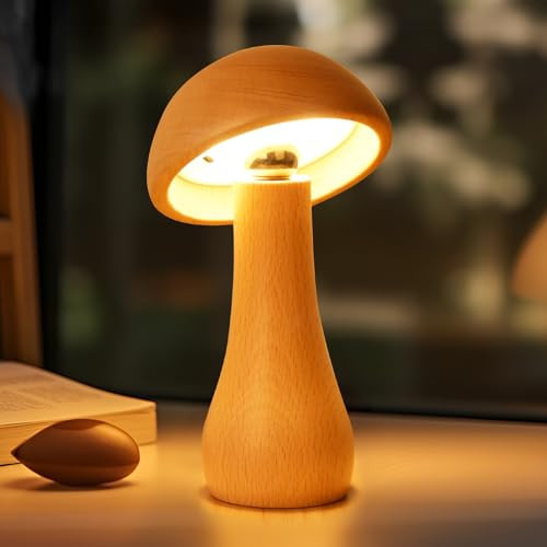 AIEHOUSE Small Wood Mushroom Lamp, LED Cordless Bedside Touch Lamp, Portable Dimmable Battery Mushroom Lamp for Bedroom Nightstand | Amazon (US)