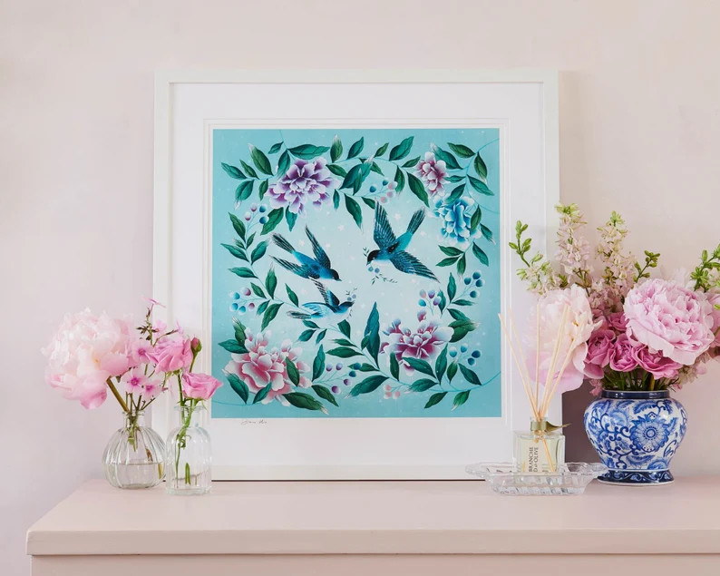 Julia blue celestial star art print / Bird and flower wall art / Aqua blue print / Watercolor ill... | Etsy (US)