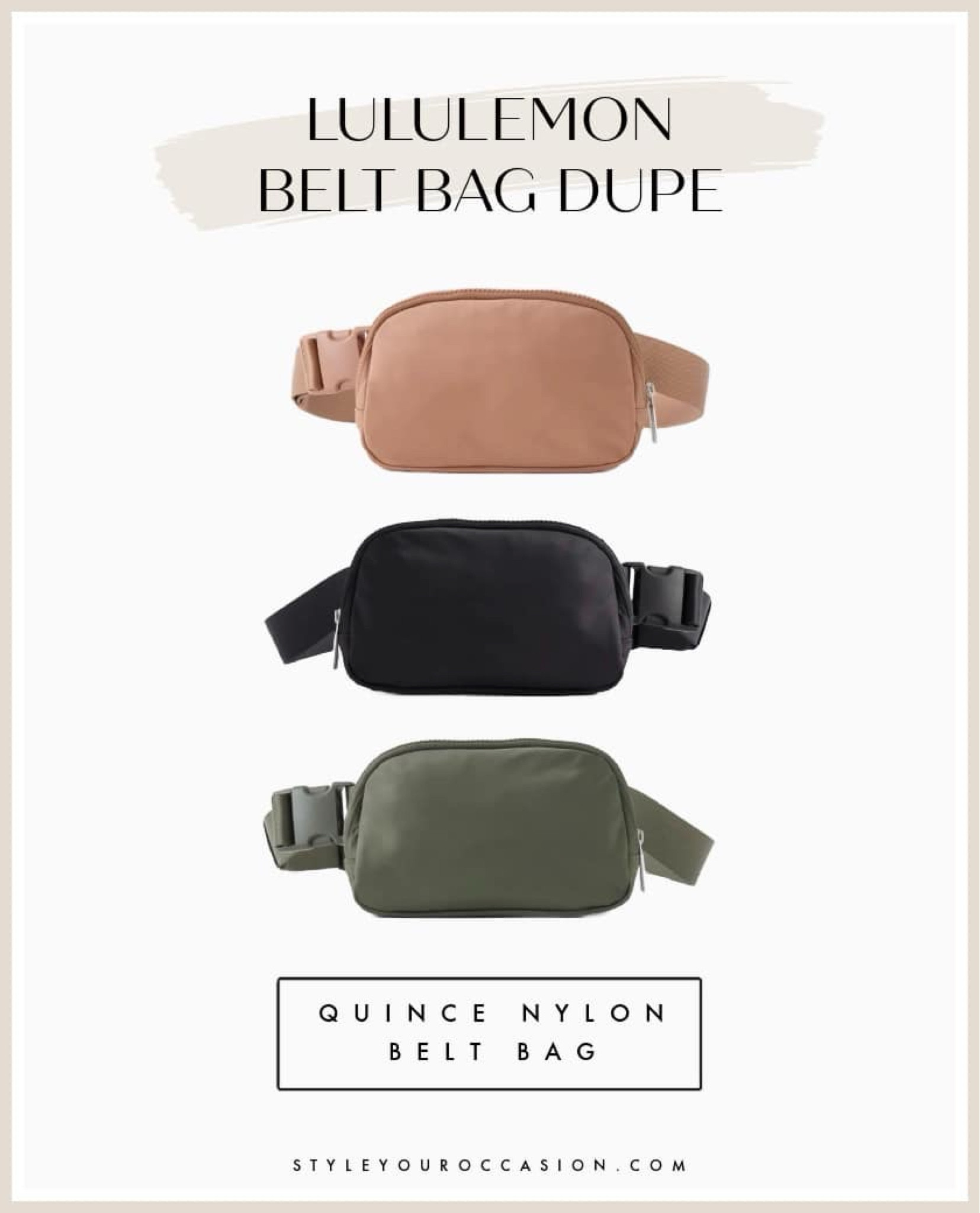 The Quince Nylon Belt Bag has many of the same features as the Lululemon belt bag – but is only $25! Grab this fanny pack in timeless black, latte brown, or bold olive green!

belt bag outfit, casual everyday look, everyday outfit, lululemon lookalike, lululemon look for less

#LTKfindsunder50 #LTKstyletip