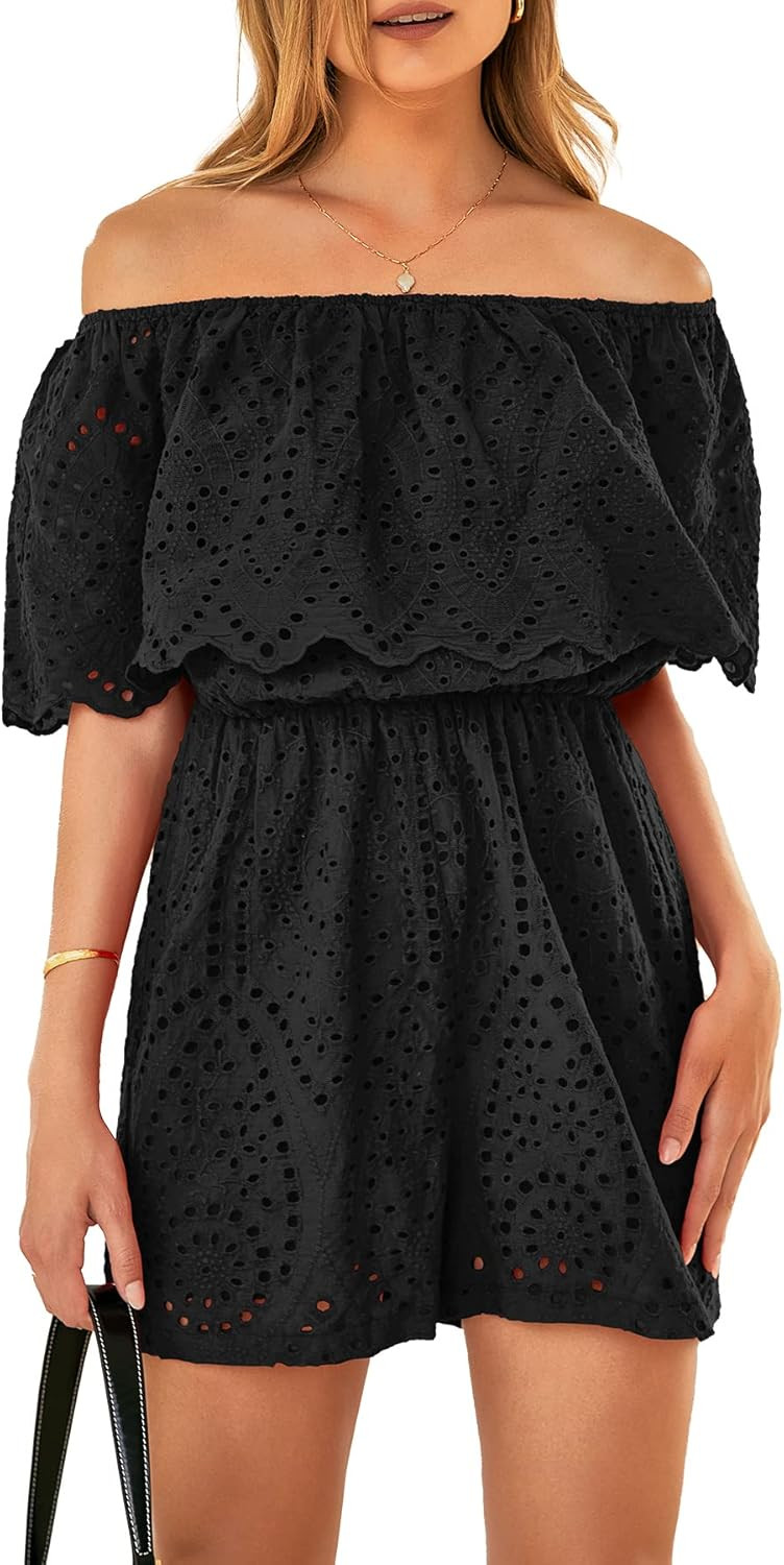 PRETTYGARDEN Women's Embroidery Rompers Dressy 2023 Summer Casual Off Shoulder Ruffle Shorts Jump... | Amazon (US)