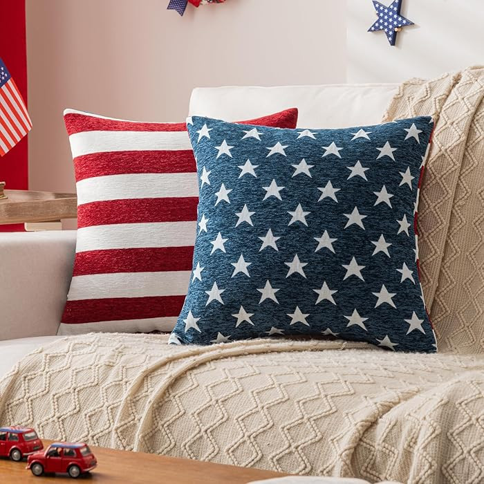 4th of July Pillow Covers 18"x18" Set of 2 Soft Jacquard Chenille Throw Pillow Covers with Red St... | Amazon (US)