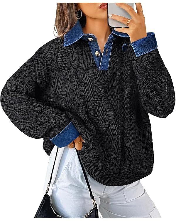 Soesdemo Womens Oversized Cable Knit Sweaters Chunky Long Sleeve Button Up Denim Polo Neck Knit P... | Amazon (US)