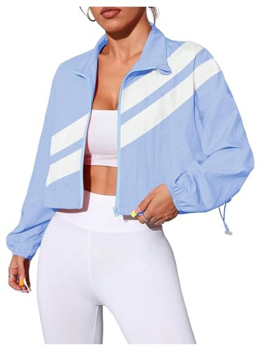Verdusa Women's Windbreaker Cropped Jackets Color Block Zip Up Lightweight Athletic Outerwear Coat Light Blue Small | Amazon (US)