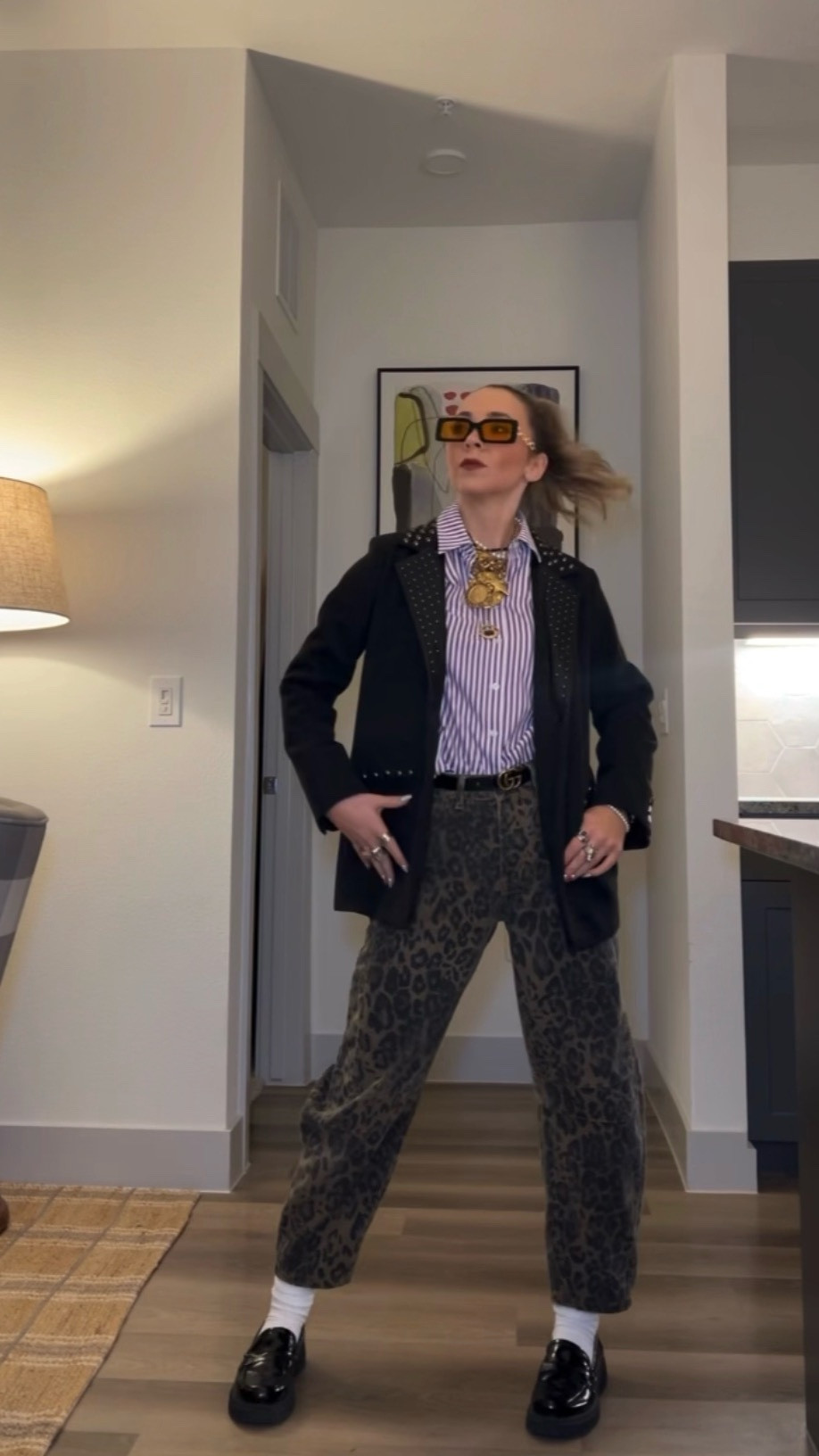 Work outfit of the day!!! Comfortable but elevated!!! One teaspoon studded blazer, leopard barrel jeans, purple striped button down, gold stack, frilly socks, and black loafers!! 

#LTKootd #LTKWorkwear #LTKgrwm