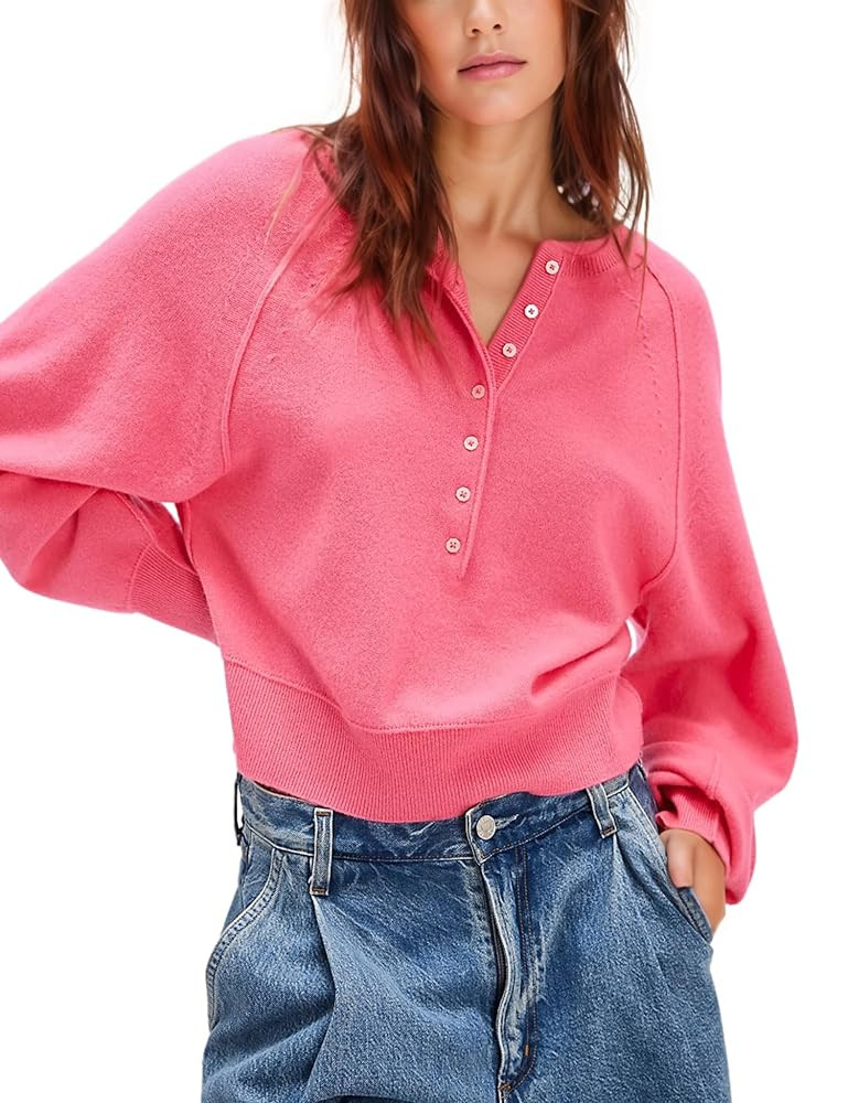 Esmeling Women Casual Button Front Sweater Henley Neck Long Sleeve Knitwear Solid Cropped Pullove... | Amazon (US)