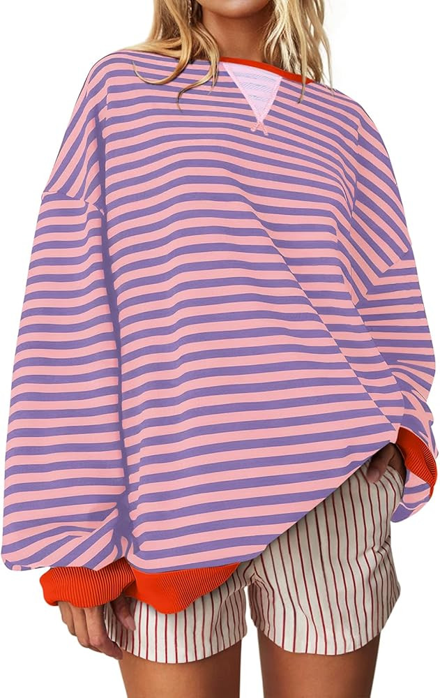 UEU Women Striped Oversized Sweatshirt Color Block Crewneck Long Sleeve Pullover Top Fashion Tren... | Amazon (US)