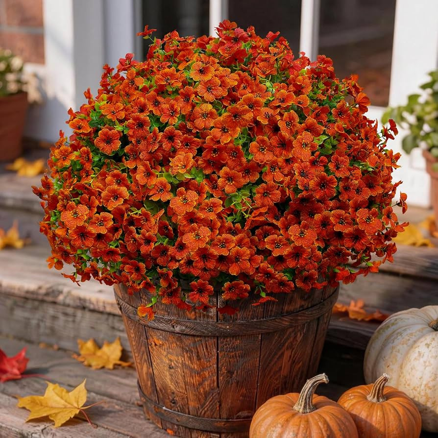 Artificial Fall Mums Outdoor Flowers, UV Resistant Faux Autumn Daisy Plants, Fake Orange Chrysant... | Amazon (US)