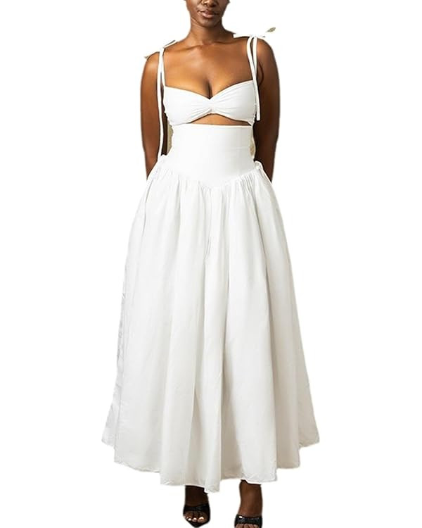 Women Sexy Spaghetti Strap Long Dress Elegant Sleeveless V Neck Front Cut Out Ruffle A Line Party... | Amazon (US)