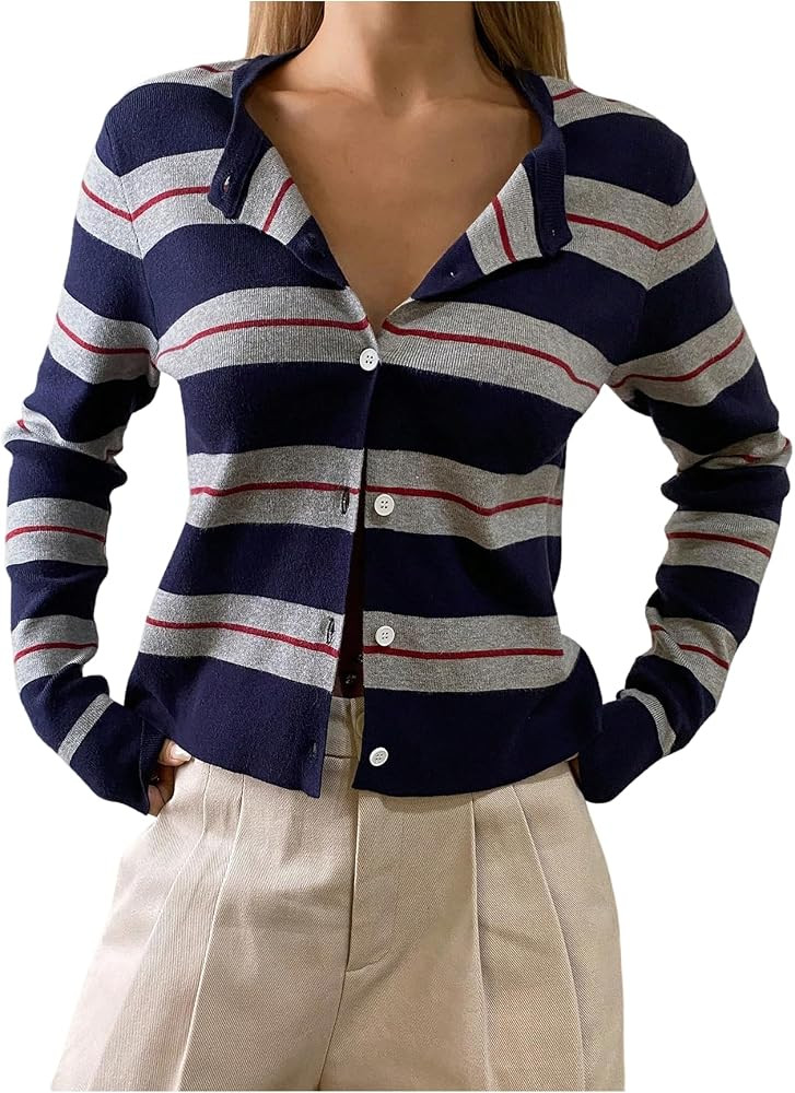 RoseSeek Women's Preppy Striped Cardigans Crew Neck Button Down Sweaters Knit Tops Fall Tops | Amazon (US)