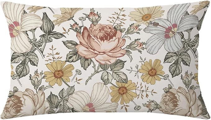 AOFANGGO Botanical Bliss Decorative Throw Pillow Cover 12x20 Inch Vintage Flowers Throw Pillow Co... | Amazon (US)
