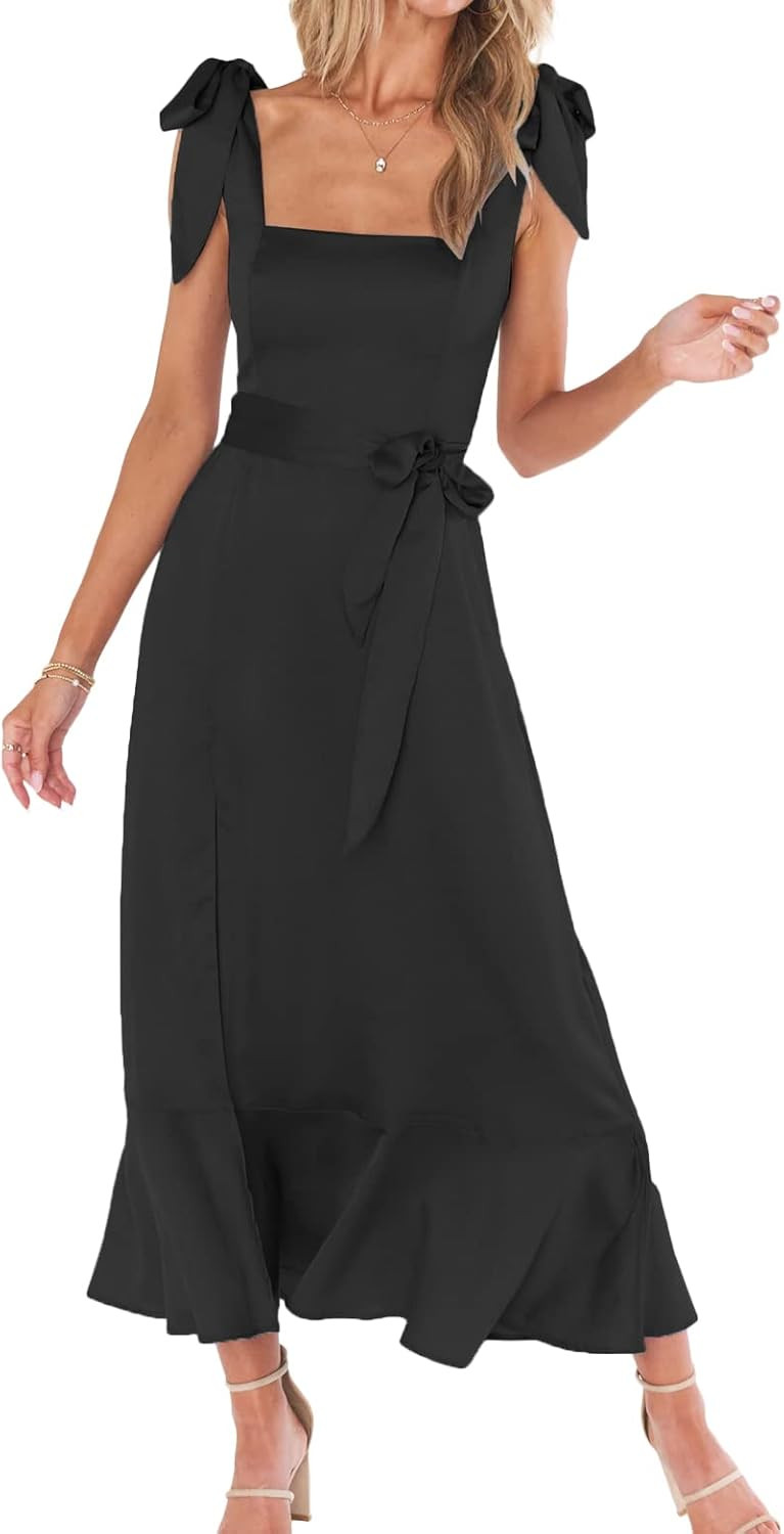 Women's Elegant Bridesmaid Dresses Square Neck Ruffle Split Midi Formal Dress for Wedding Guest C... | Amazon (US)