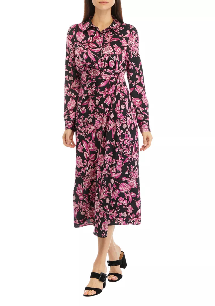 Women's Floral Print Gathered Popover Long Sleeve Midi Dress | Belk