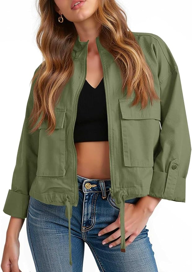 Tankaneo Womens Cropped Jackets Lightweight Military Safari Fall Coats | Casual, Zip Up, Long Sle... | Amazon (US)