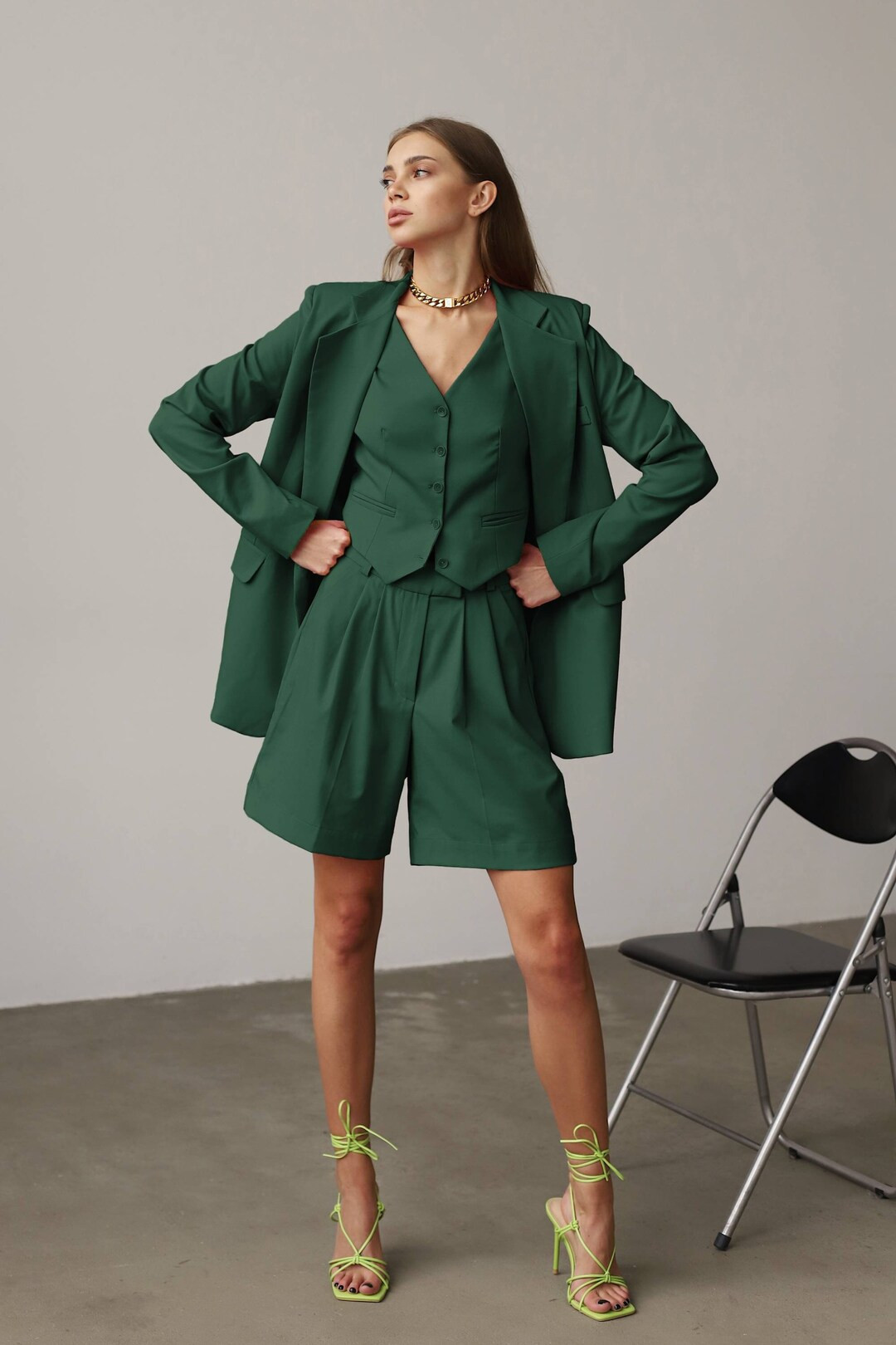 Emerald Pleated Shorts, Women Bermuda Shorts, Green Bermuda Suit, Dark Green Suit, Formal Suit, W... | Etsy (US)
