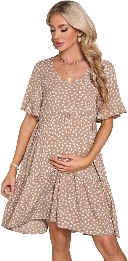 Maternity Dress Womens Casual Babydoll Dress Ruffle Short Sleeve V Neck Floral Printed Flowy Mini... | Amazon (US)