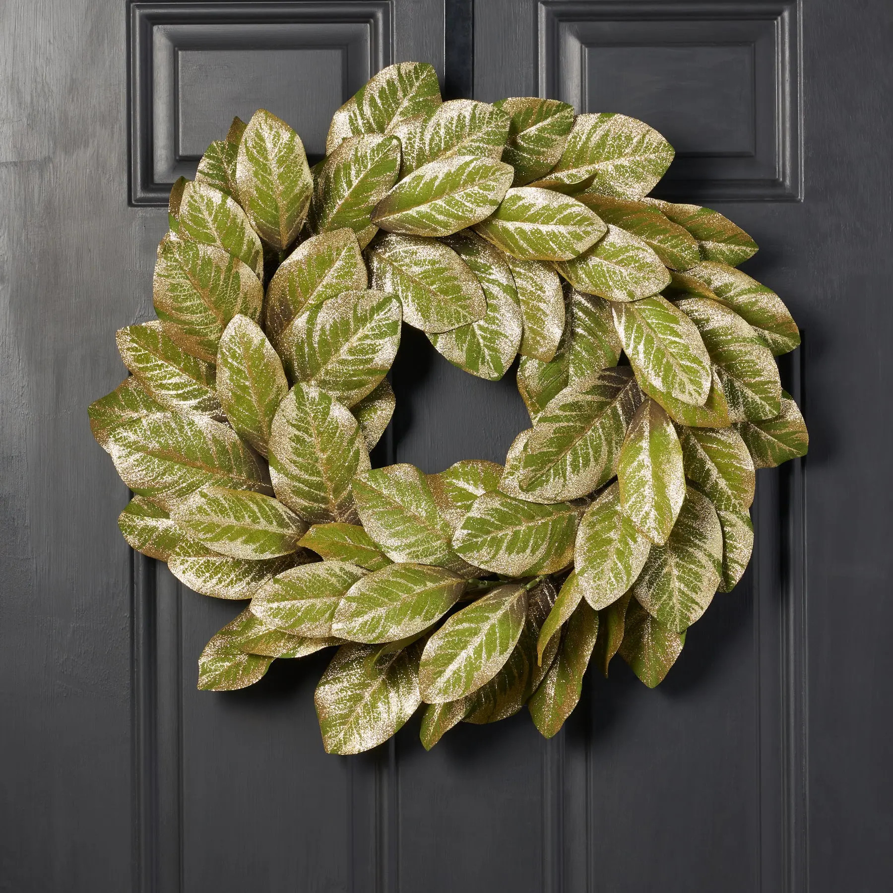 Green & Gold Metallic Magnolia Leaf Front Door Holiday Wreath Shimmering Christmas Mantel Decor | Darby Creek Trading