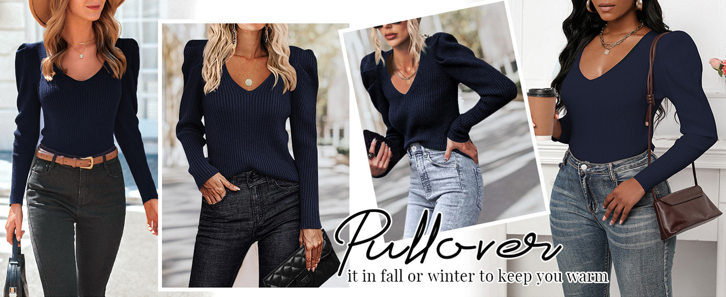 Zeagoo V Neck Sweaters for Women 2023 Casual Puff Sleeve Pullover Sweater Solid Soft Slim Fit Jum... | Amazon (US)