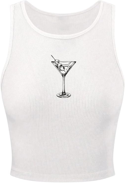 Women's Graphic Y2k Ribbed Tank Tops Sleeveless Martini Casual Slim Fit Summer Crop Top | Amazon (US)