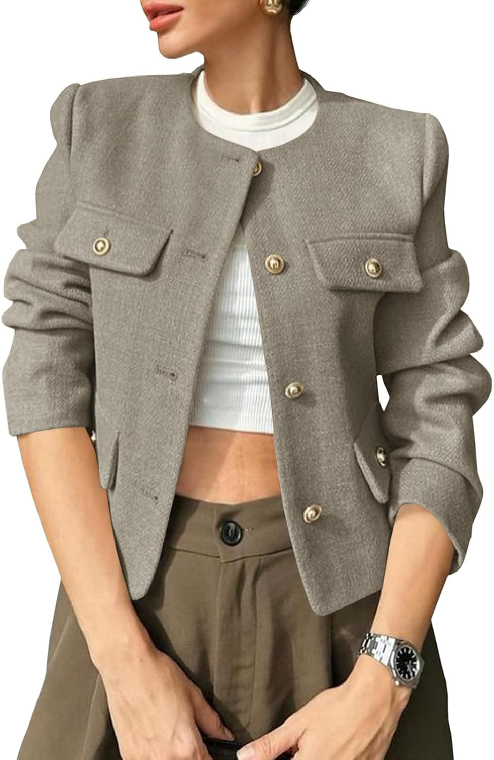 Cicy Bell Womens Cropped Tweed Blazers Jacket Collarless Button Down Coats | Amazon (US)