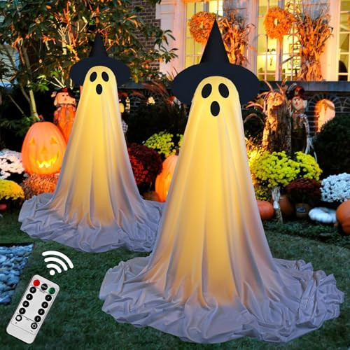 2 Packs Halloween Decorations Outdoor, USB Spooky Ghost Halloween Decor Halloween Party Decorations Indoor with Remote Control String Lights for Porches Yards Gardens Lawn(No Battery) | Amazon (US)