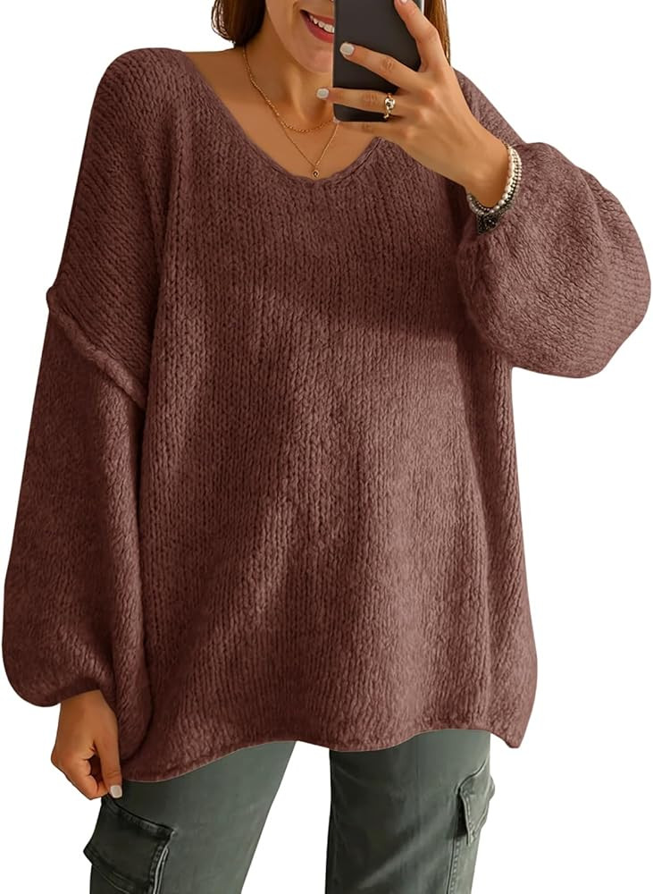 Saodimallsu Womens Oversized V Neck Sweaters Chunky Knit Lantern Long Sleeve Fall Winter Slouchy ... | Amazon (US)