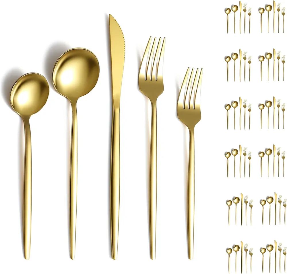 Evanda Gold Silverware Set 60 Piece Service for 12, Titanium Gold Plated Stainless Steel Flatware... | Amazon (US)