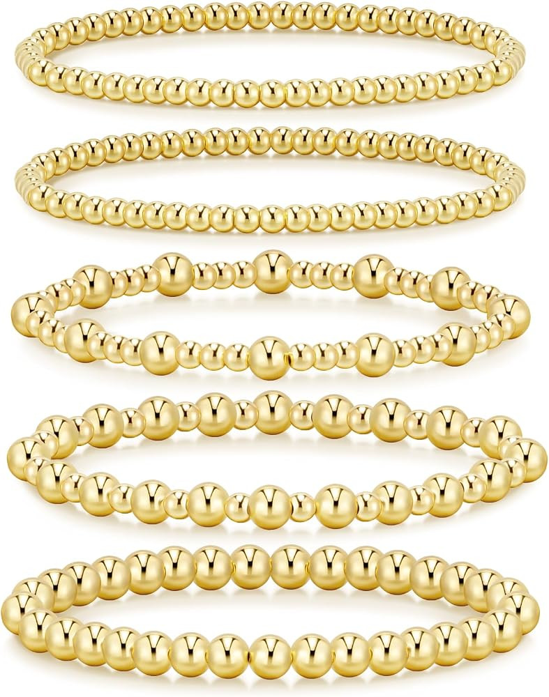Gold Bracelets for Women Waterproof, 14K Gold Plated Beaded Strand Bead Ball Bracelets stack Adju... | Amazon (US)