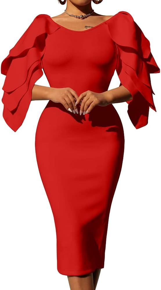 DAAWENXI Women's Elegant Ruffle Off The Shoulder Zipper Empire Midi Cocktail Dress | Amazon (US)