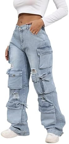 Ryehack Women’s Baggy Jeans Y2k Cargo Jeans Casual High Waist Baggy Denim Cargo Pants with Pockets Streetwear | Amazon (US)