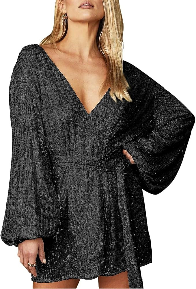 Lunidry Women's Long Sleeve Sequin Short Dress Sparkly Glitter V Neck Tie Waist Sexy Party Club C... | Amazon (US)