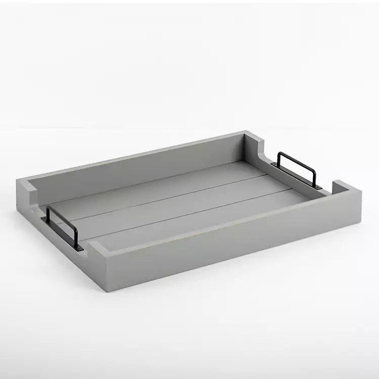 New! Gray Slatted Wood & Metal Handles Tray | Kirkland's Home