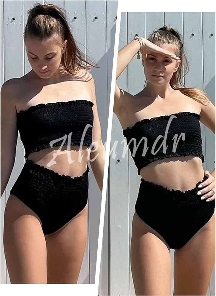 Aleumdr Womens 2 Pieces Bandeau Bikini Swimsuits Off Shoulder High Waist Bathing Suit | Amazon (US)