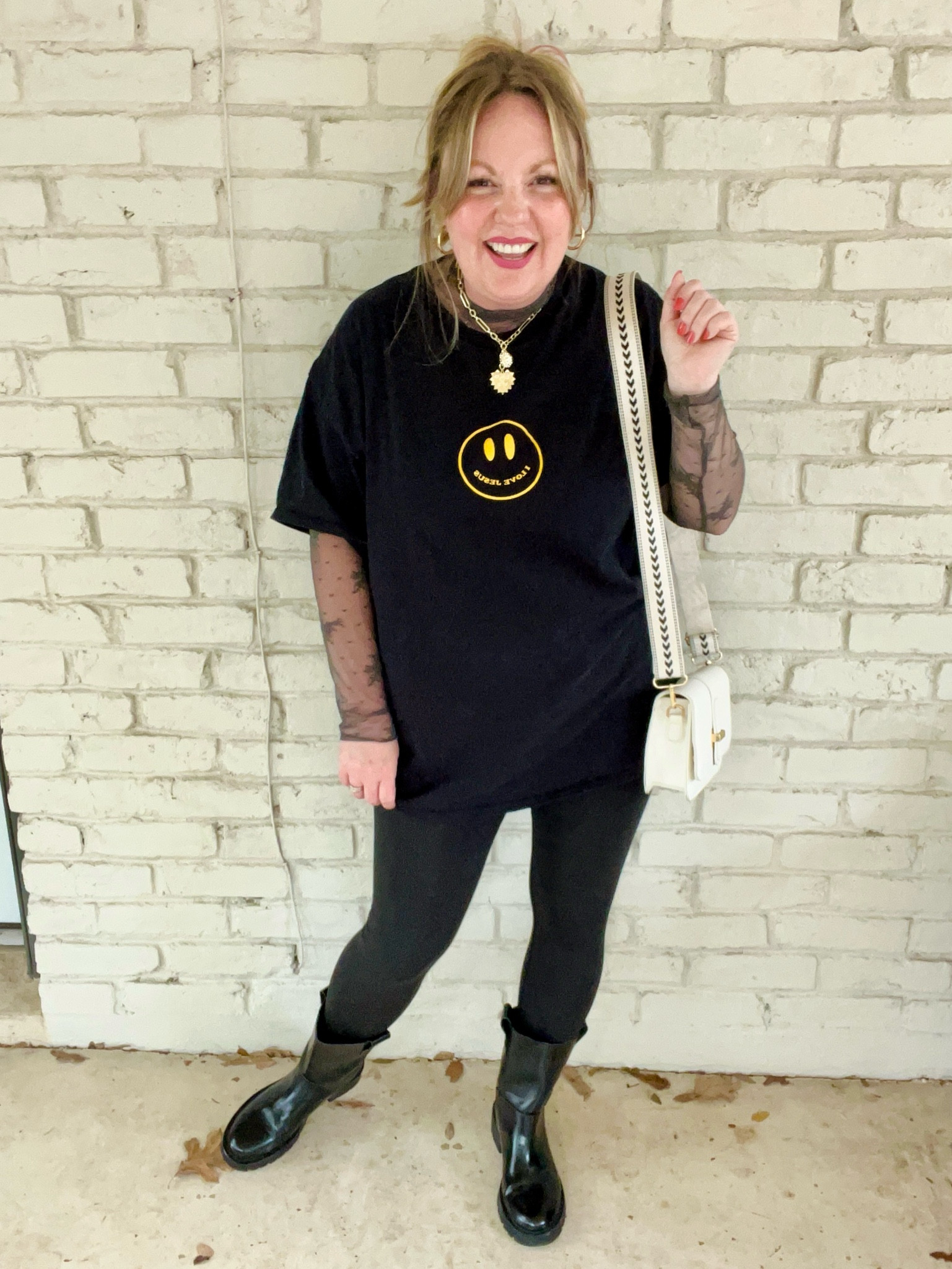 Medium lace top; XL graphic tee (similar linked); medium leggings 

#LTKover40 #LTKfindsunder50 #LTKmidsize