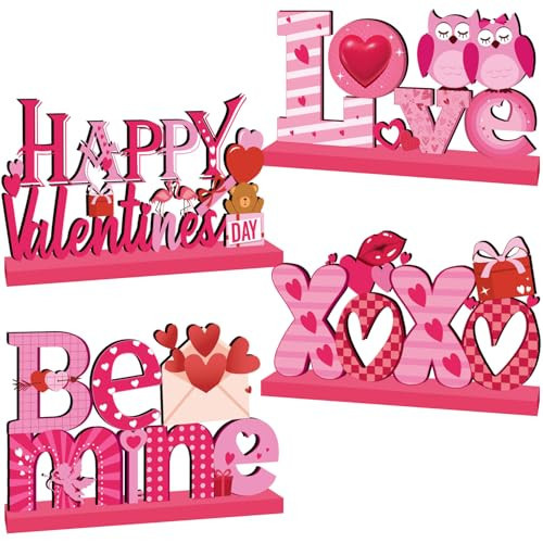 4Pcs Valentines Day Decorations, Happy Valentines Day Wooden Table Centerpieces, XOXO Be Mine Valentines Day Table Decorations, Valentine Decorations for Home, Valentines Day Gifts | Amazon (US)