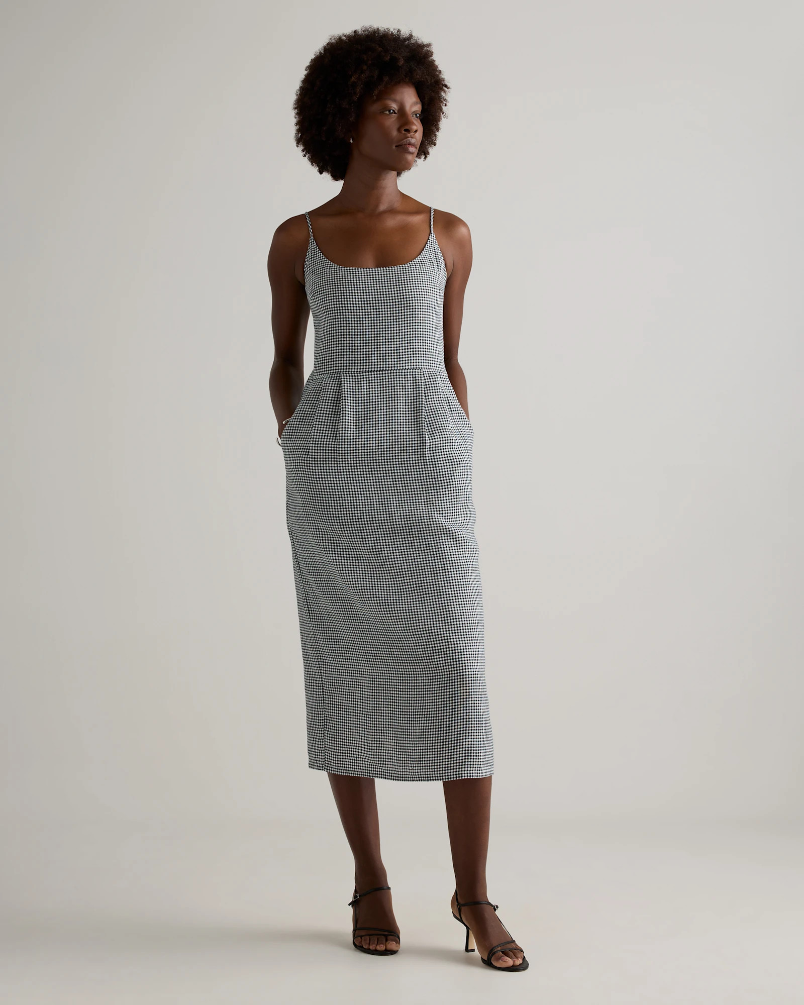 100% European Linen Scoop Neck Midi Dress in Khaki / Black Gingham | Quince
