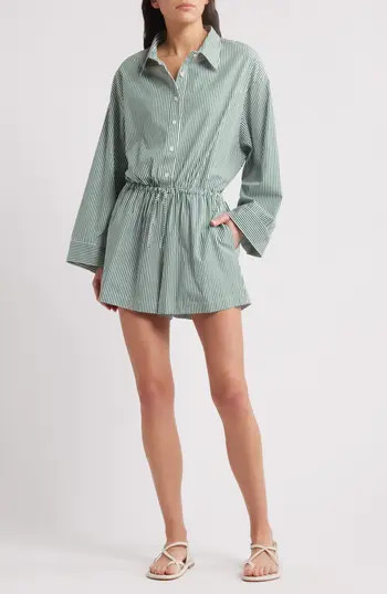 Faithfull the Brand Freja Stripe Long Sleeve Stretch Cotton Playsuit in Green Stripe at Nordstrom Rack, Size X-Large | Nordstrom Rack