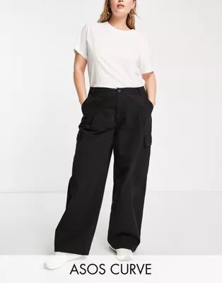 ASOS DESIGN Curve oversized cargo trousers in washed black | ASOS (Global)